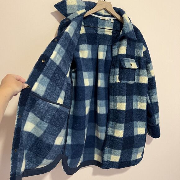 Soft Surroundings Dealto Jacket Sherpa Blue White Plaid Pockets Snap Front Sz L - Picture 7 of 8